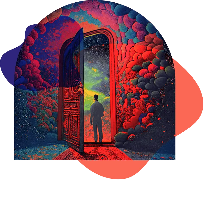 an illustration of a man walking into a psychedelic experience where he explores psychedelic resources
