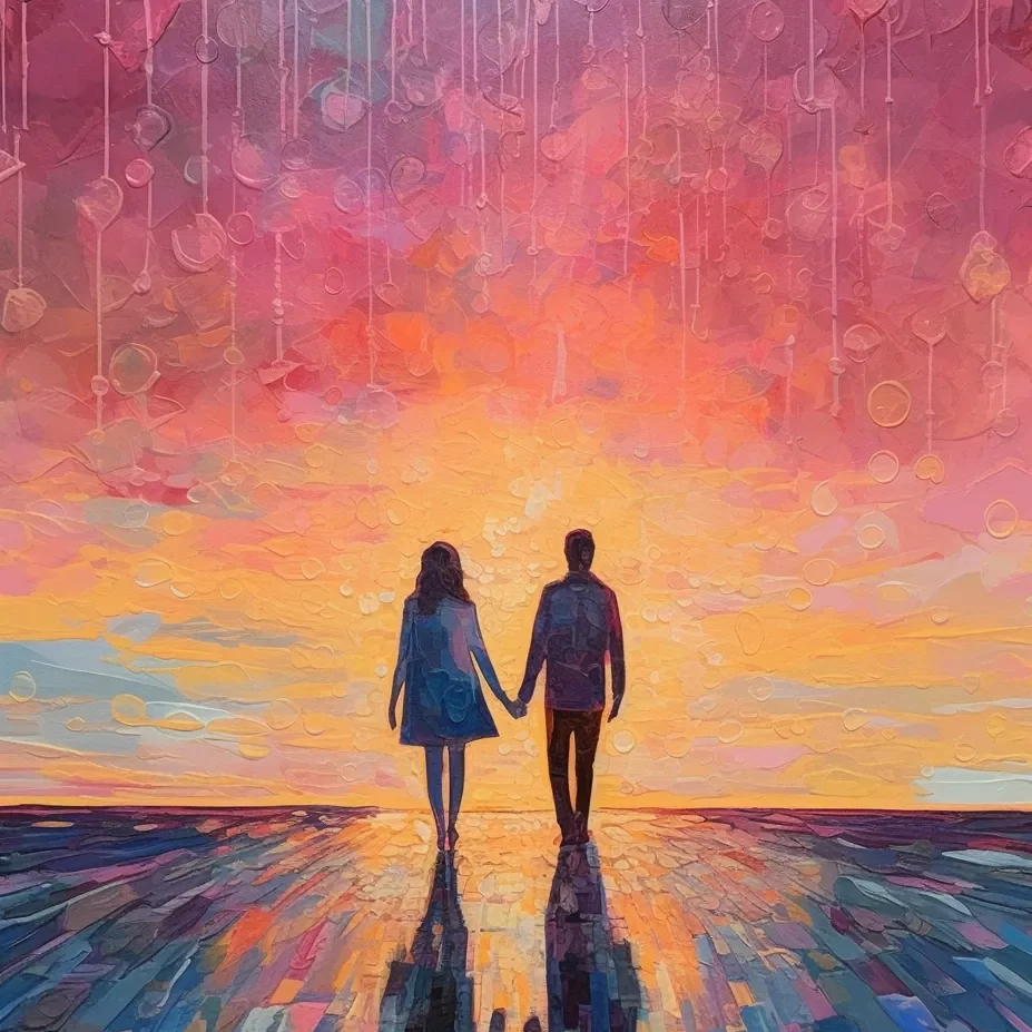2 people holding hands walking towards the sunset