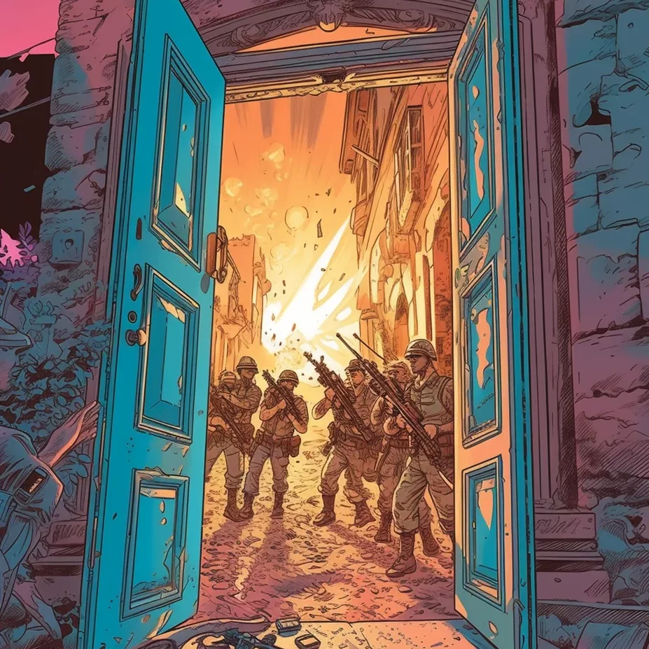 A door burst opens with a group of soldier