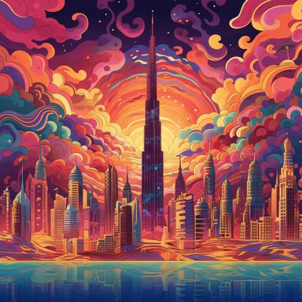 Dubai City skyscape psychedelic llustration