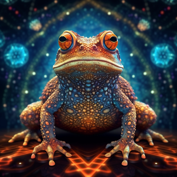 fractal toad standing victoriously in front of a bioluminescence