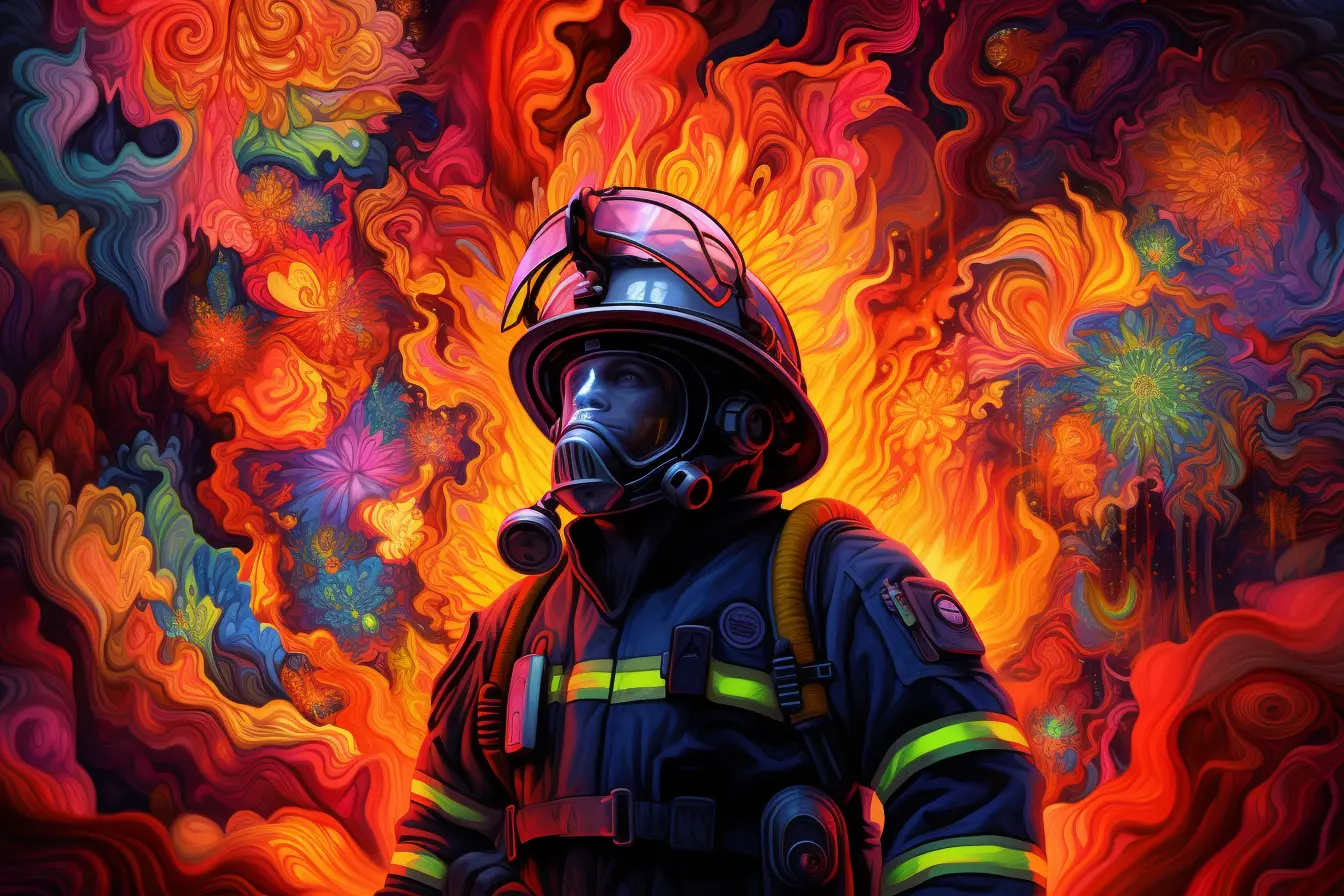 firefighter with psychedelic art background