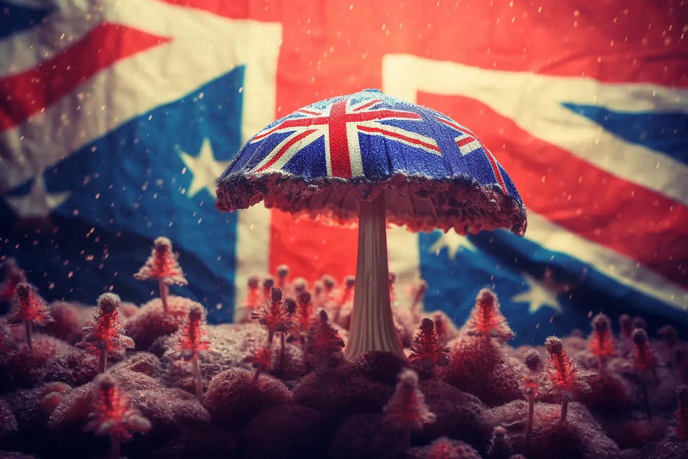 liberty cap mushroom and a British flag